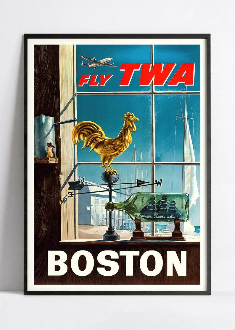 Affiche aviation vintage "Boston" TWA - Haute Définition - papier mat 230gr/m2 - Poster Vintage