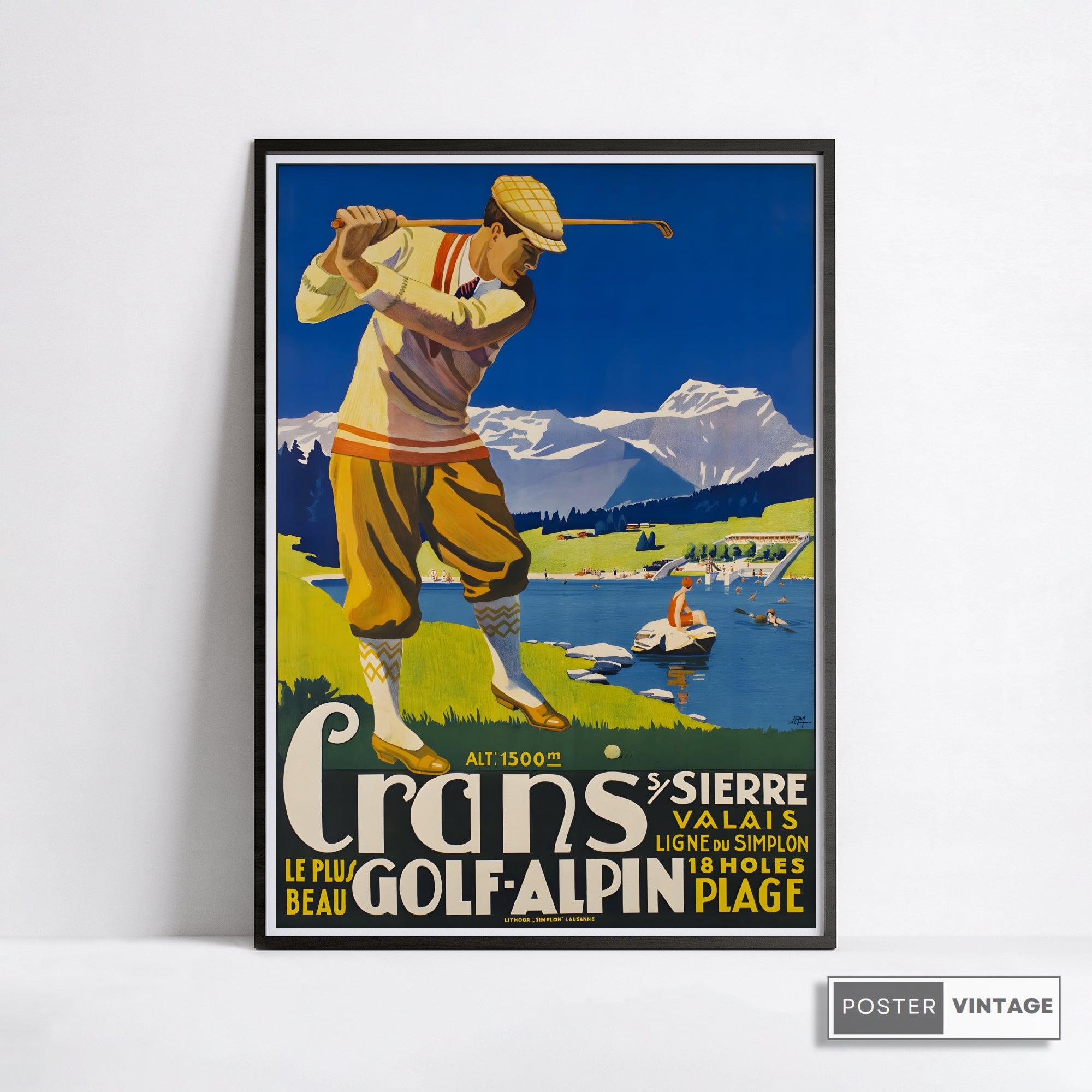 Affiche golf vintage "Crans" - Art déco- Haute Définition - papier mat 230gr/m2 - Poster Vintage