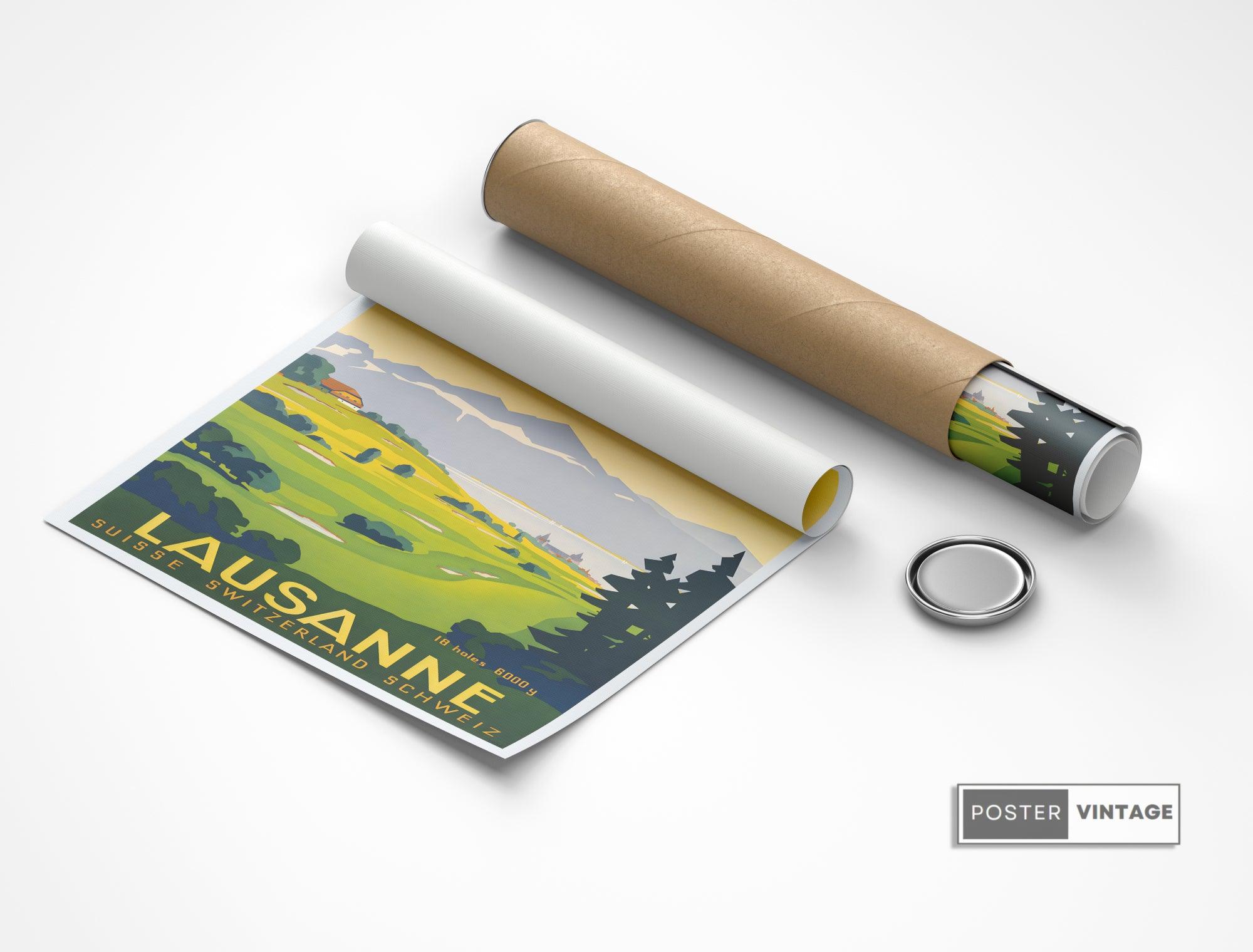 Affiche golf vintage "Lausane" - Art déco- Haute Définition - papier mat 230gr/m2 - Poster Vintage
