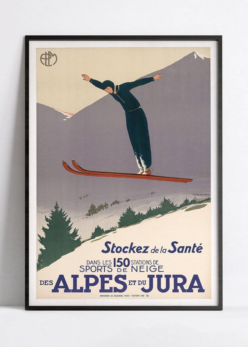 Affiche "Ski - Alpes et Jura" - vintage Jean-Raoul Naurac - Haute Définition - papier mat 230gr/m2 - Poster Vintage