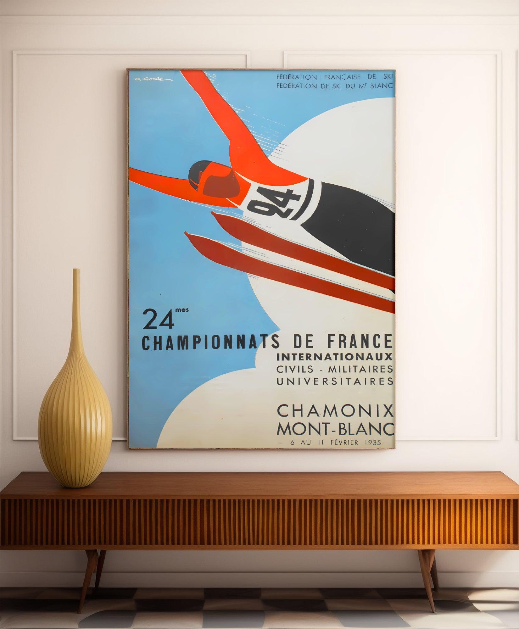 Affiche ski vintage "24ème Championnats de France 1935" - Haute Définition - papier mat 230gr/m² - Poster Vintage
