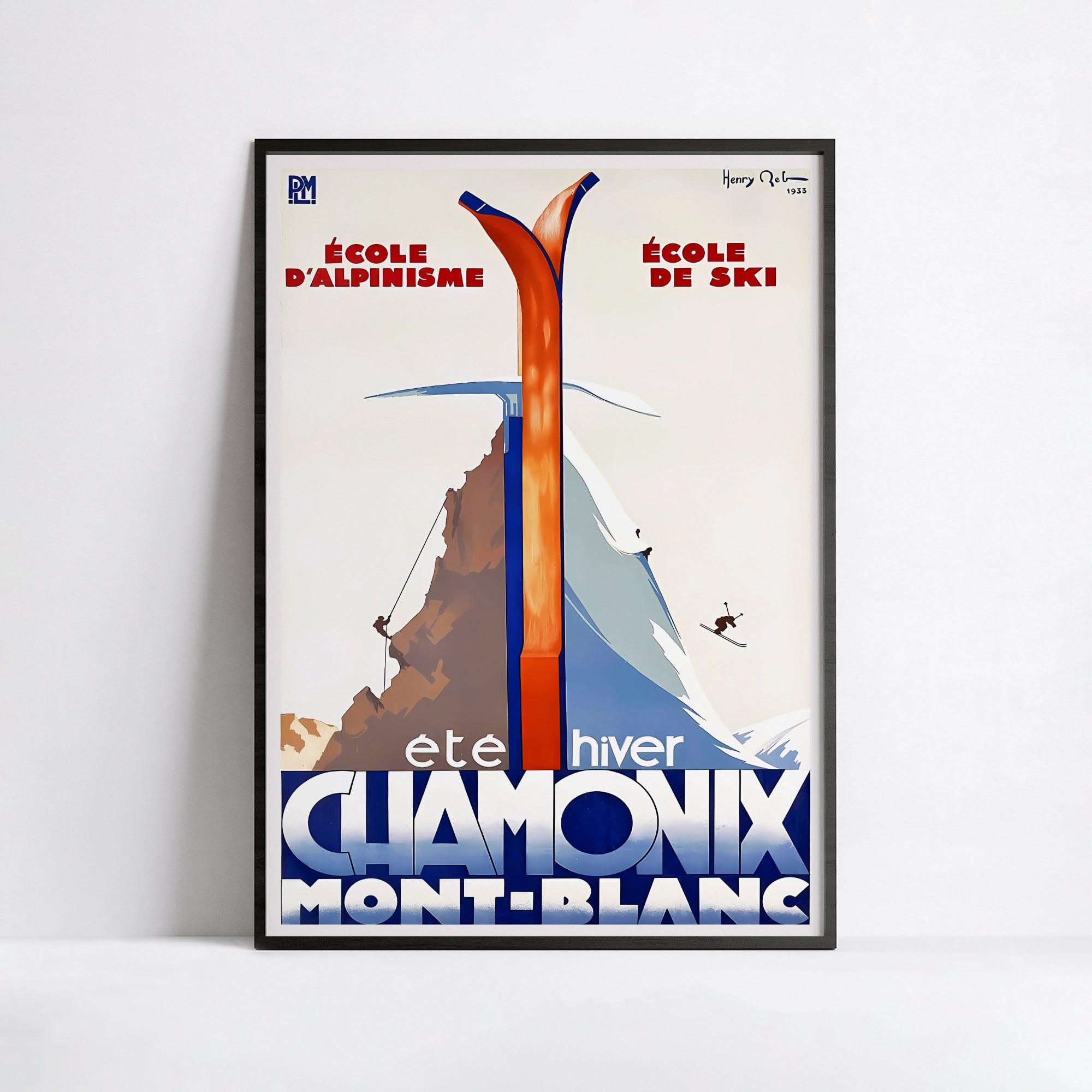 Affiche ski vintage "Chamonix Eté - Hiver" - Haute Définition - papier mat 230gr/m² - Poster Vintage