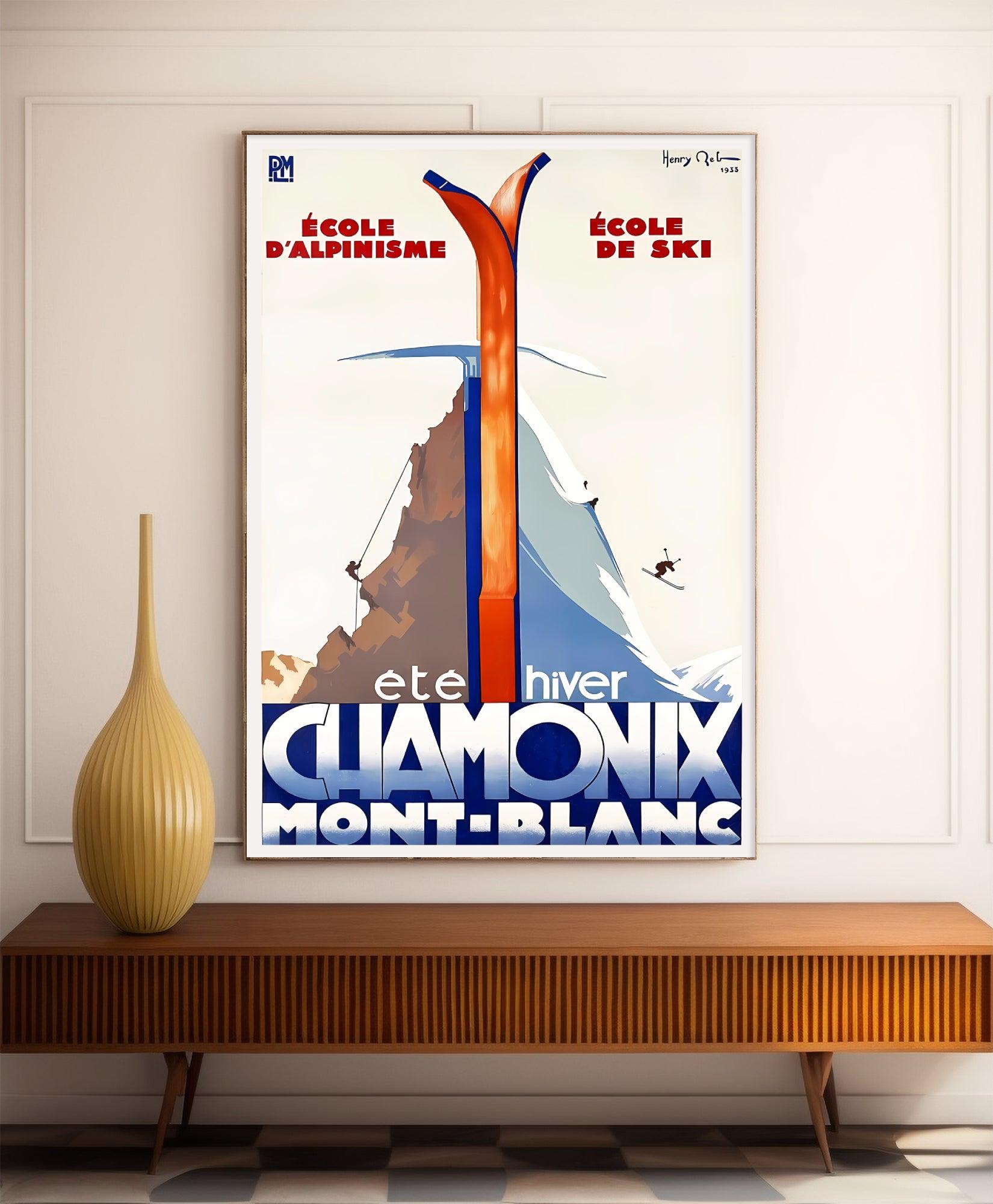 Affiche ski vintage "Chamonix Eté - Hiver" - Haute Définition - papier mat 230gr/m² - Poster Vintage