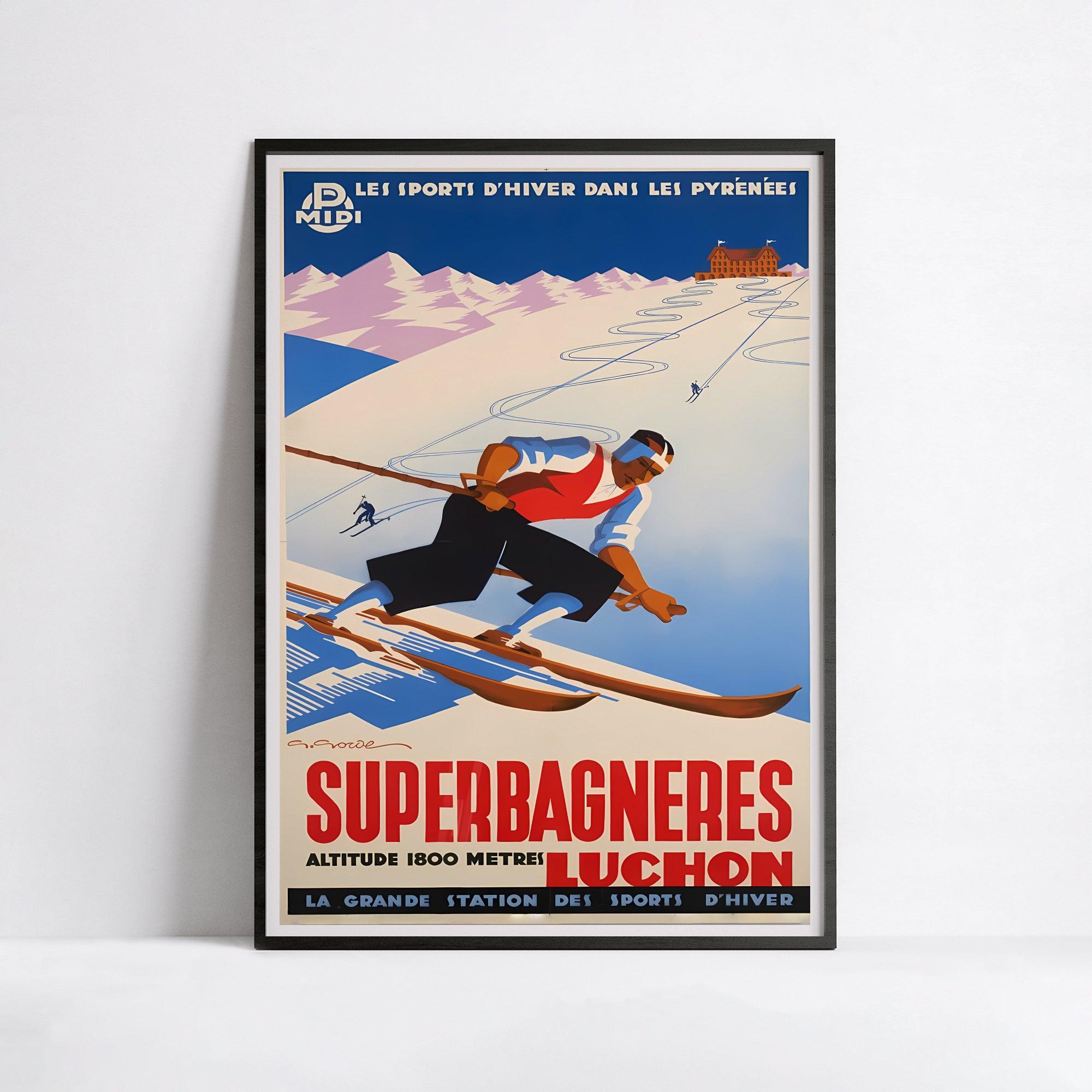 Affiche ski vintage "Suerbagnères - Luchon" - Haute Définition - papier mat 230gr/m² - Poster Vintage