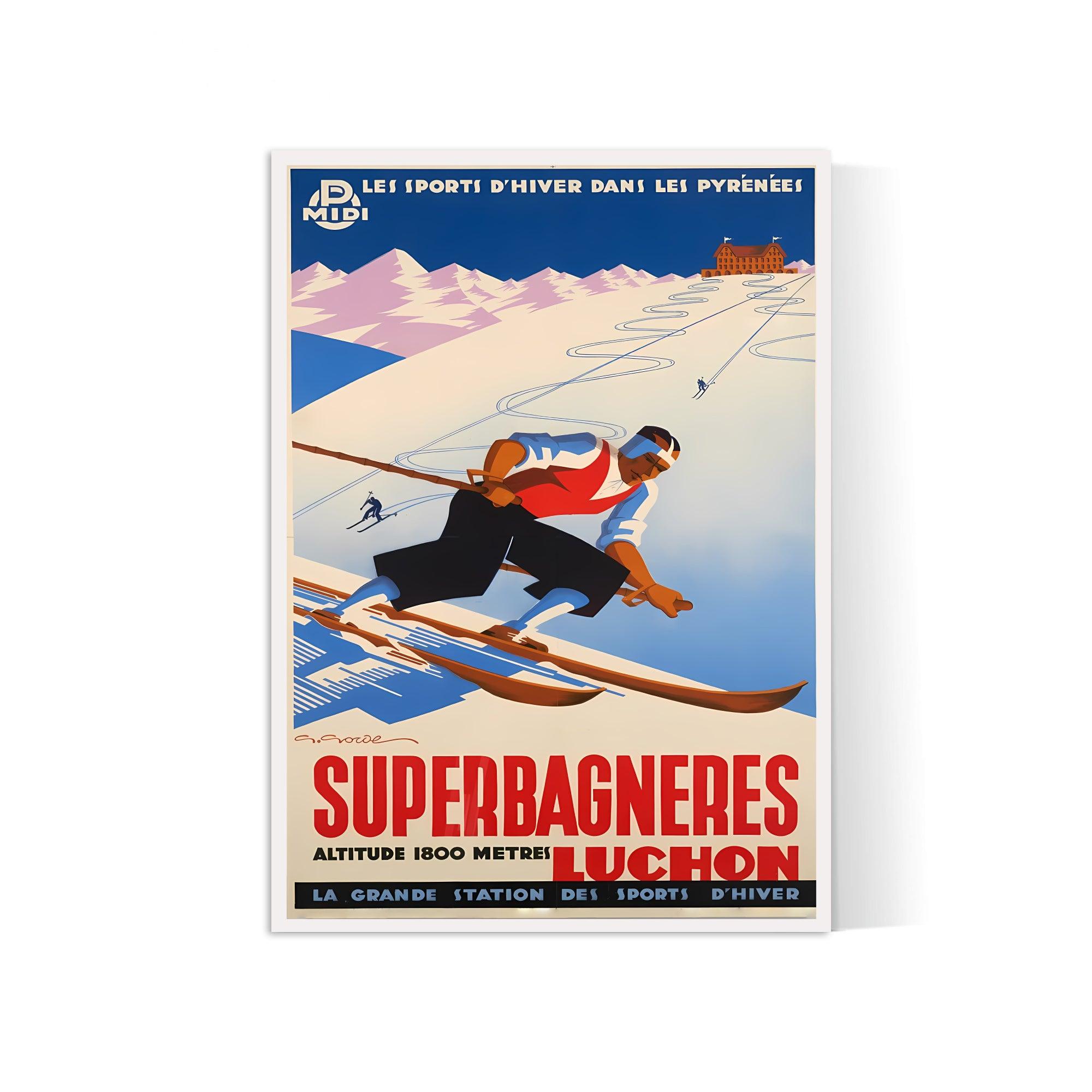 Affiche ski vintage "Suerbagnères - Luchon" - Haute Définition - papier mat 230gr/m² - Poster Vintage
