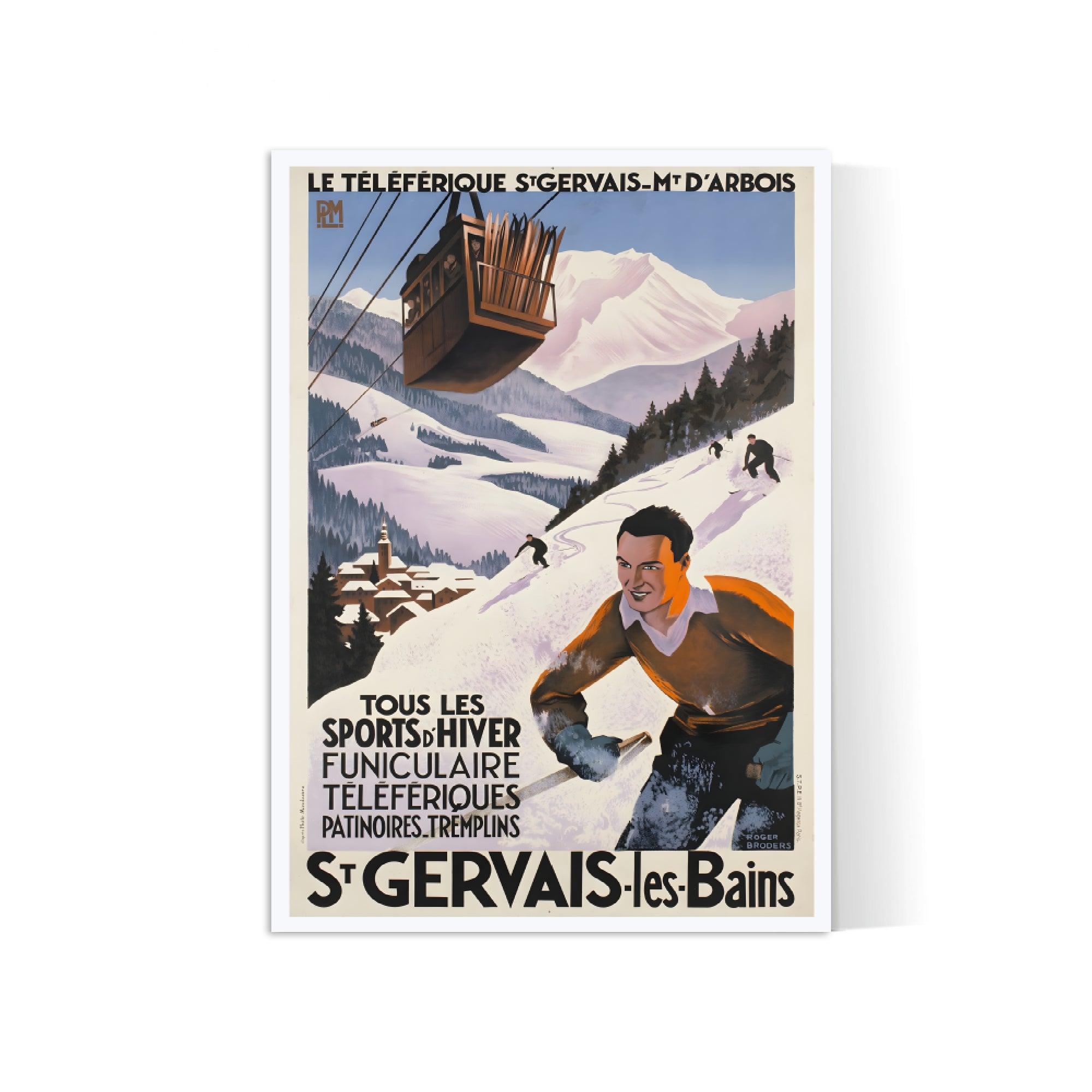 Affiche ski vintage "Téléférique - St Gervais les Bains - Broders - Haute Définition - papier mat 230gr/m² - Poster Vintage