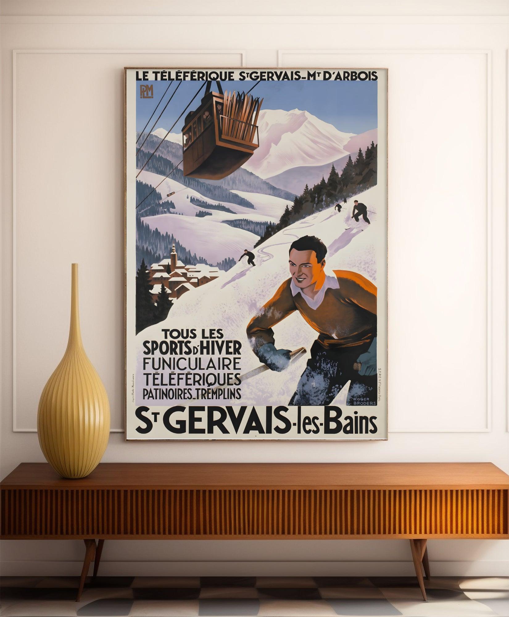 Affiche ski vintage "Téléférique - St Gervais les Bains - Broders - Haute Définition - papier mat 230gr/m² - Poster Vintage