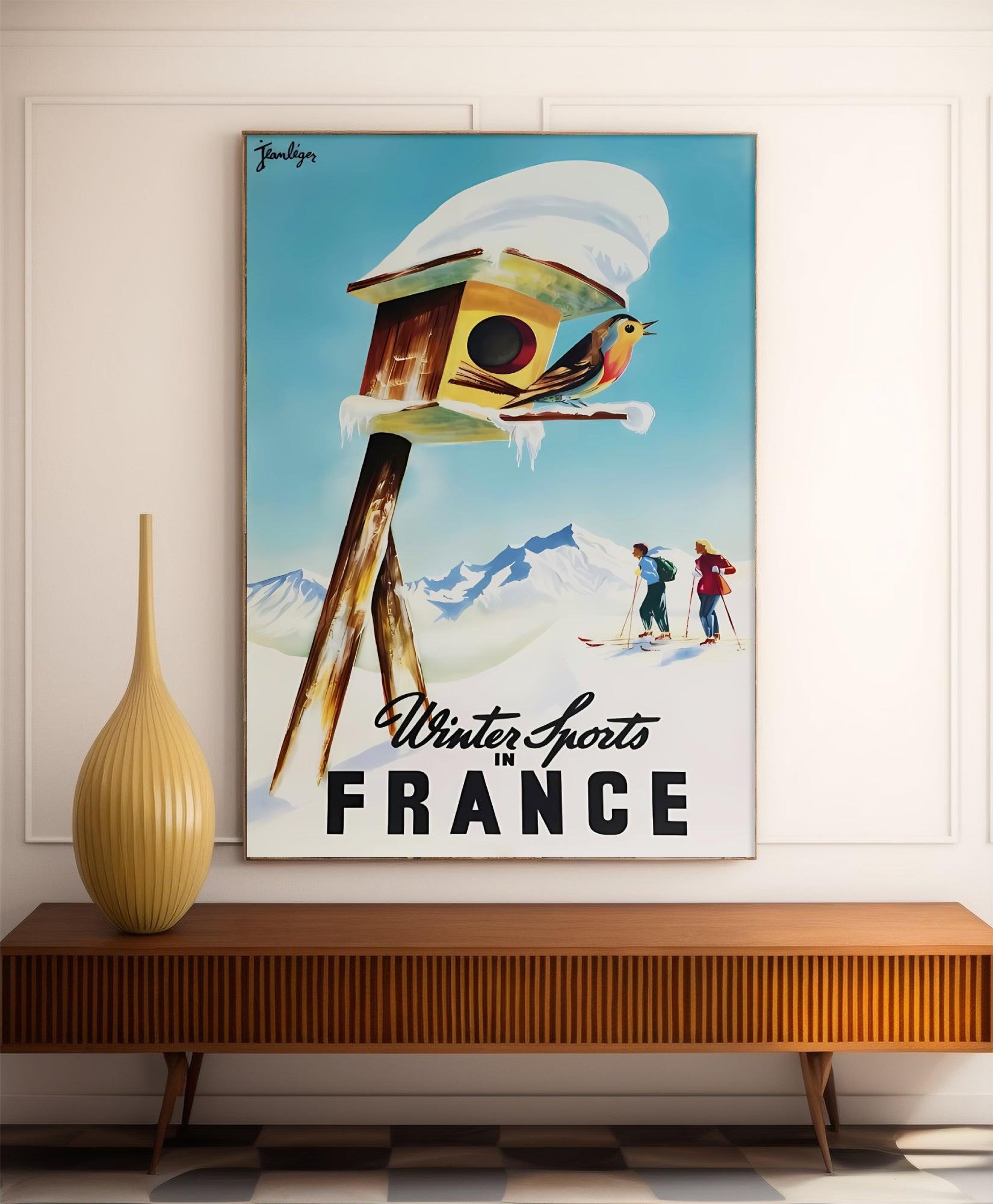 Affiche ski vintage "Wintersports in France" - Haute Définition - papier mat 230gr/m² - Poster Vintage