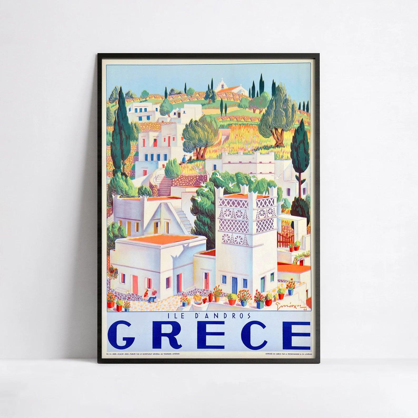 Affiche vintage "île d'Andros" Grece - Georgios Moschos - Haute Définition - papier mat 230gr/m² - Poster Vintage