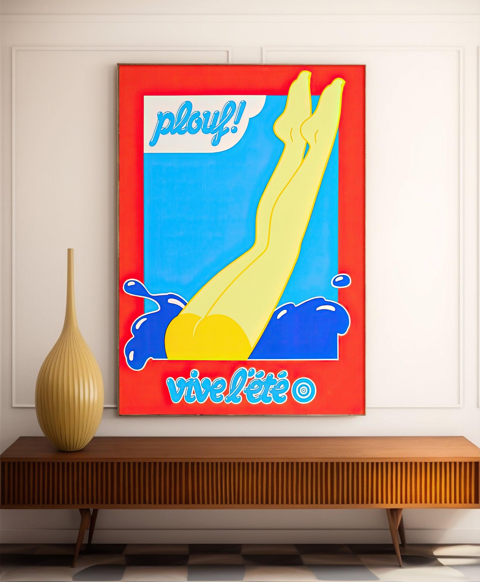 Affiche vintage "Plouf, vive l'été" - Haute Définition - papier mat 230gr/m2 - Poster Vintage