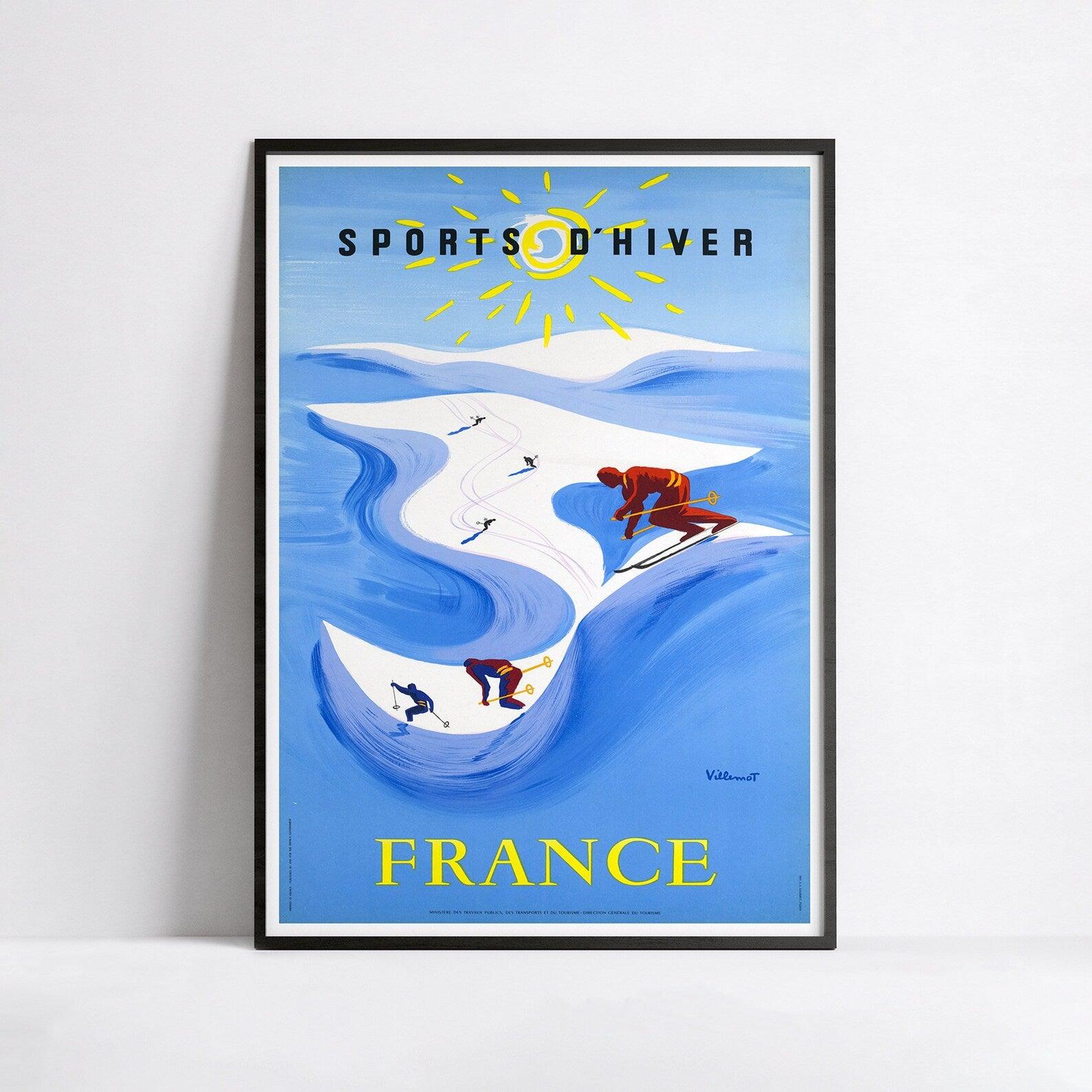 Affiche vintage "Sports d'hiver" France - Bernard Villemot - Haute Définition - papier mat 230gr/m² - Poster Vintage