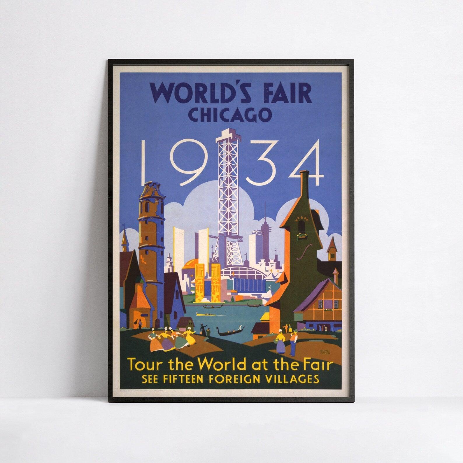 Affiche voyage vintage " Chicago Word's Fair - 1934" - Haute Définition - papier mat 230gr/m² - Poster Vintage