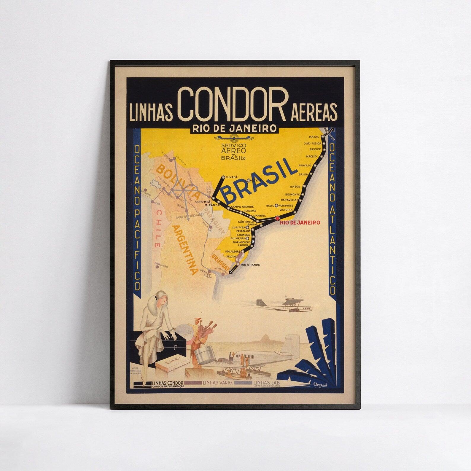 Affiche voyage vintage "Linas CONDOR Aereas" Rio de Janeiro" - Haute Définition - papier mat 230gr/m² - Poster Vintage