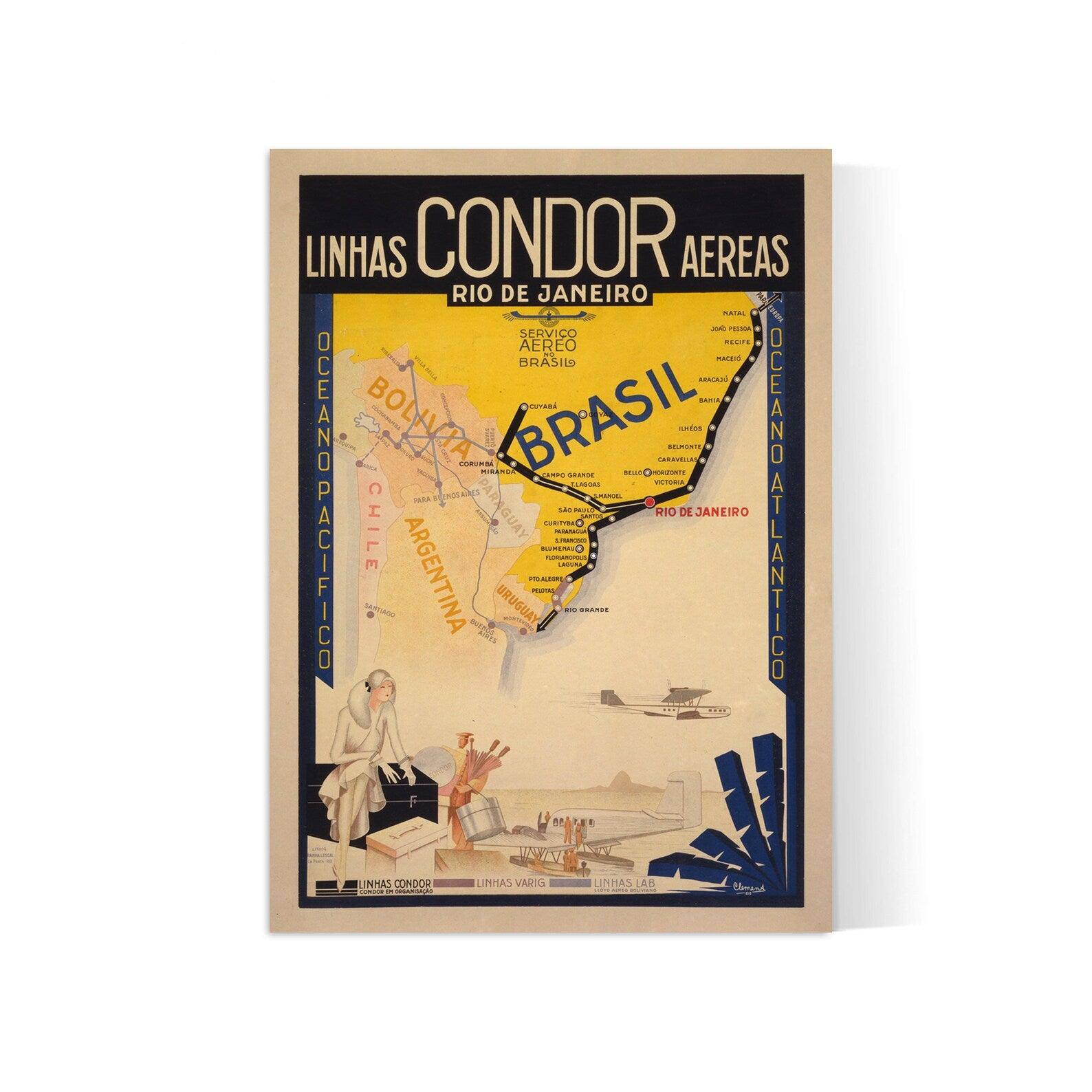 Affiche voyage vintage "Linas CONDOR Aereas" Rio de Janeiro" - Haute Définition - papier mat 230gr/m² - Poster Vintage