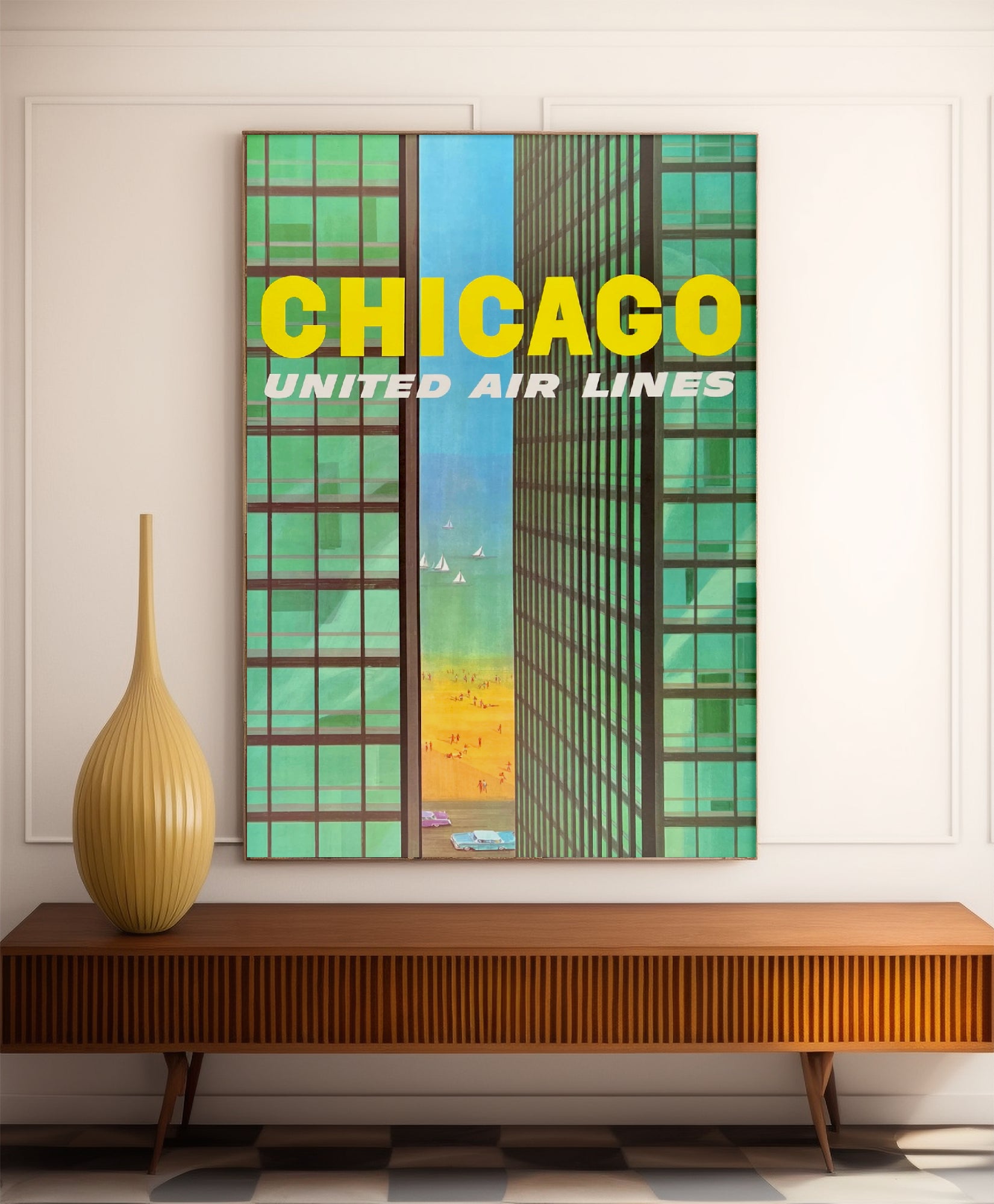 Affiche voyage vintage "Chicago" - United Air lines - Haute Définition - papier mat 230gr/m²