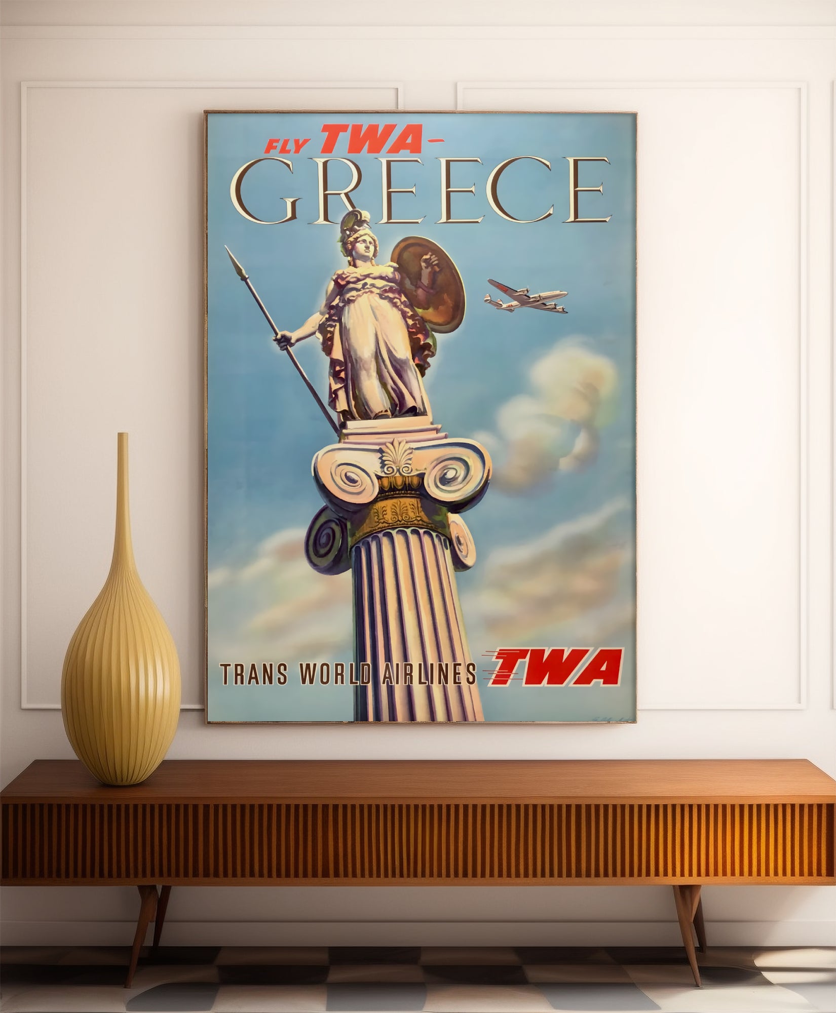 Affiche voyage vintage "Greece - Athena statue" - TWA - Haute Définition - papier mat 230gr/m²