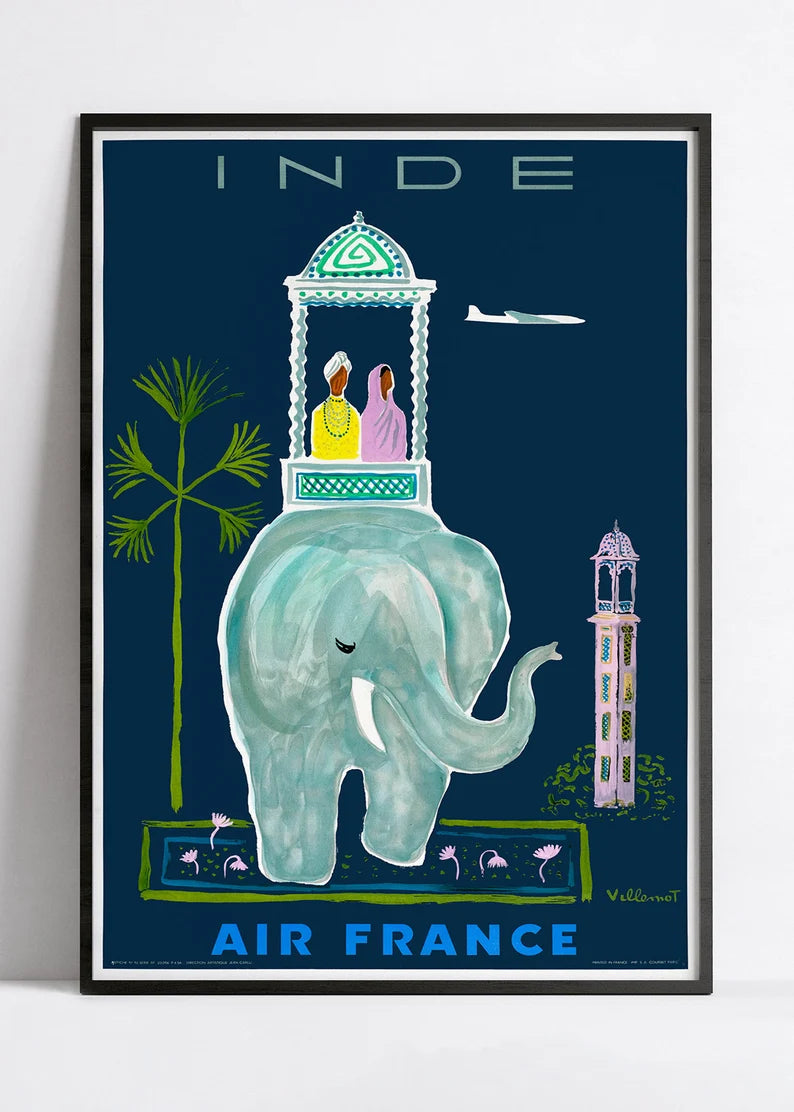 Affiche aviation Air France "Inde" - Vintage - Villemot - Haute Définition - papier mat 230gr/m2