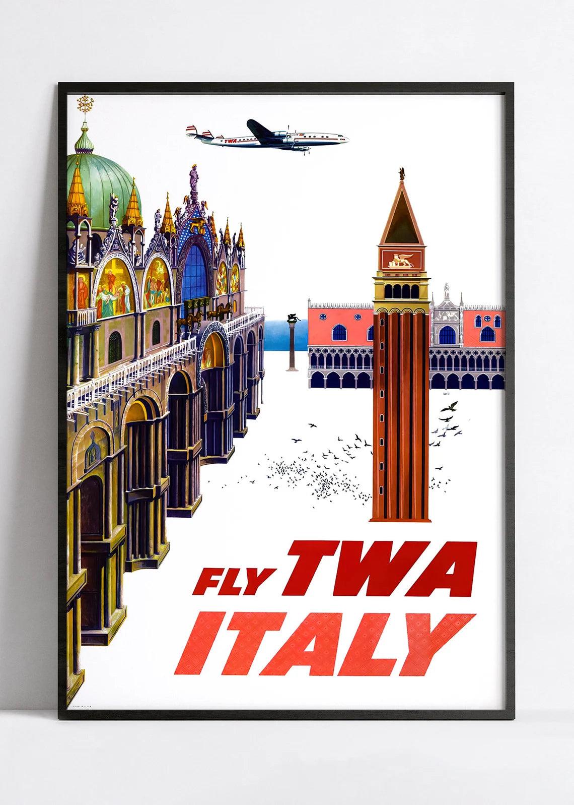 Affiche aviation vintage "Fly TWA Italy" - TWA - Haute Définition - papier mat 230gr/m2 - Poster Vintage