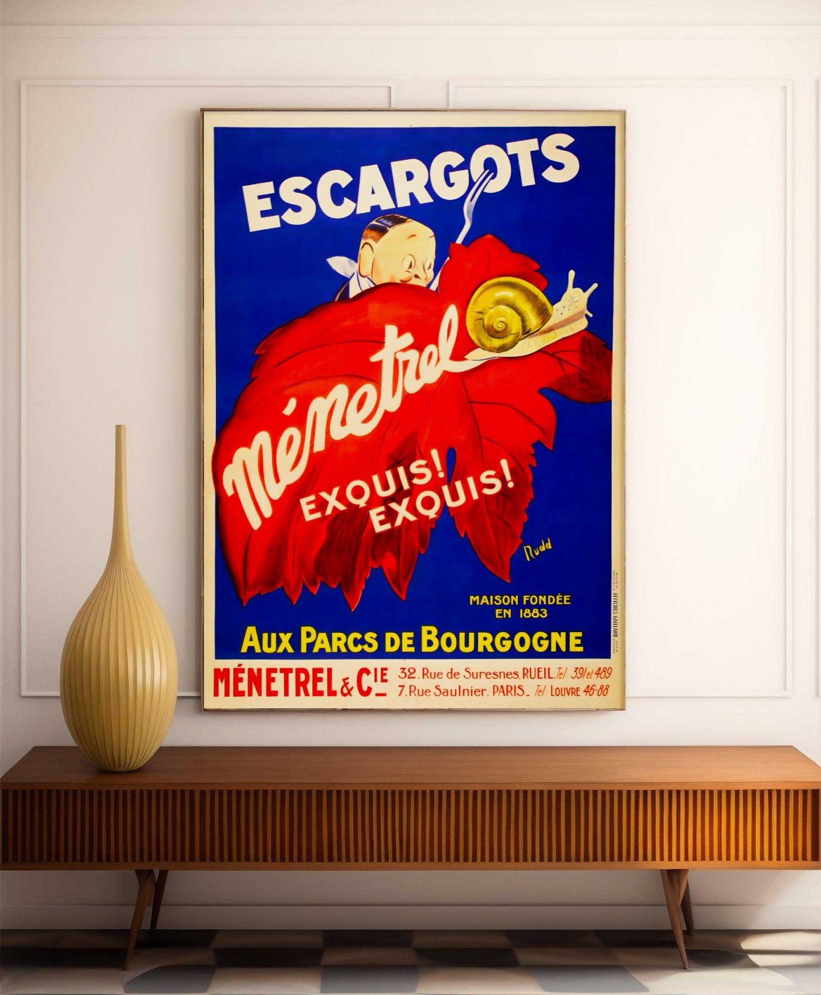 Affiche cuisine vintage "Escargots ménetrel" - Rudd - Haute Définition - papier mat 230gr/m² - Poster Vintage