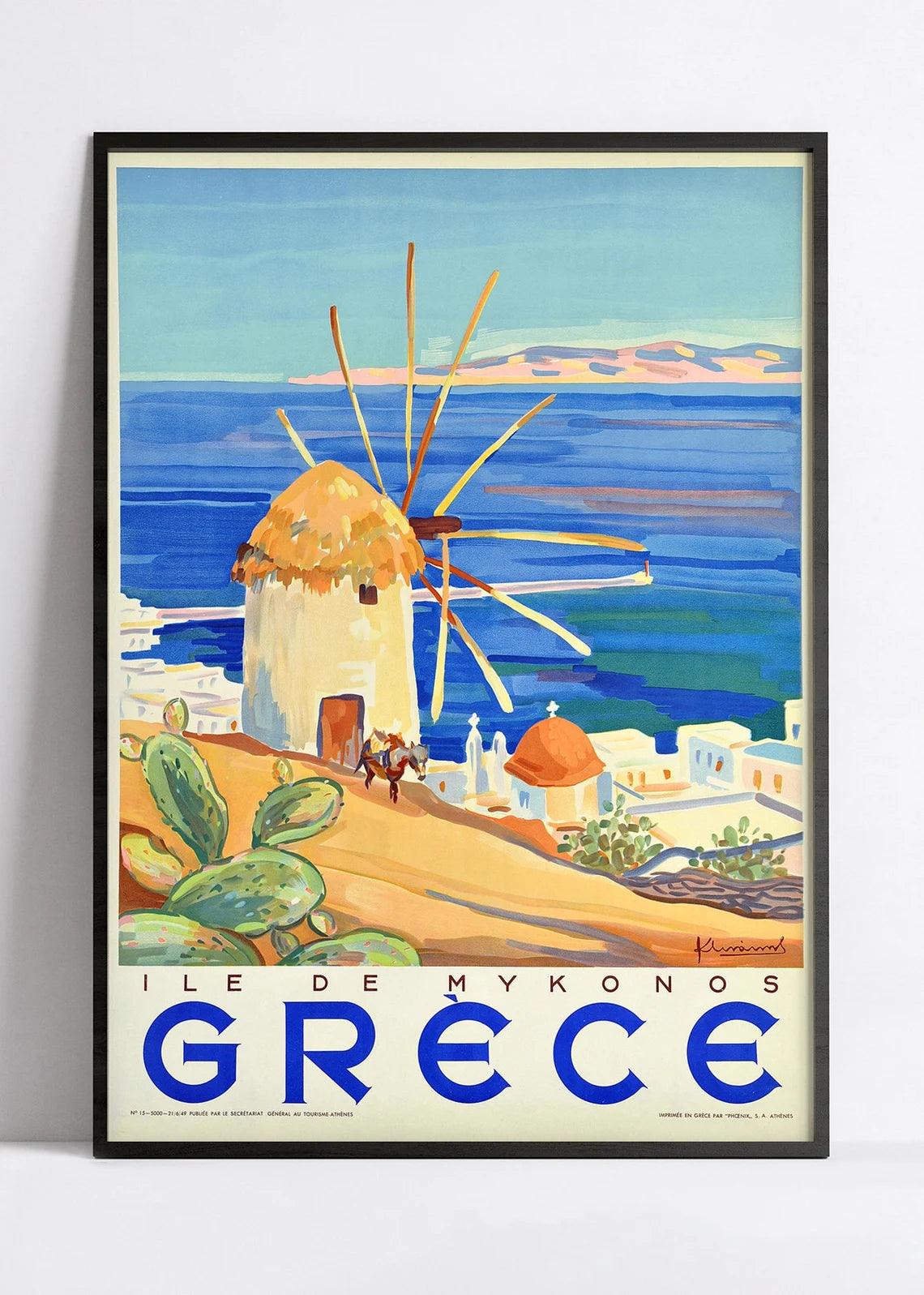 Affiche murale vintage "Mykonos" Grêce - Haute Définition - papier mat 230gr/m² - Poster Vintage