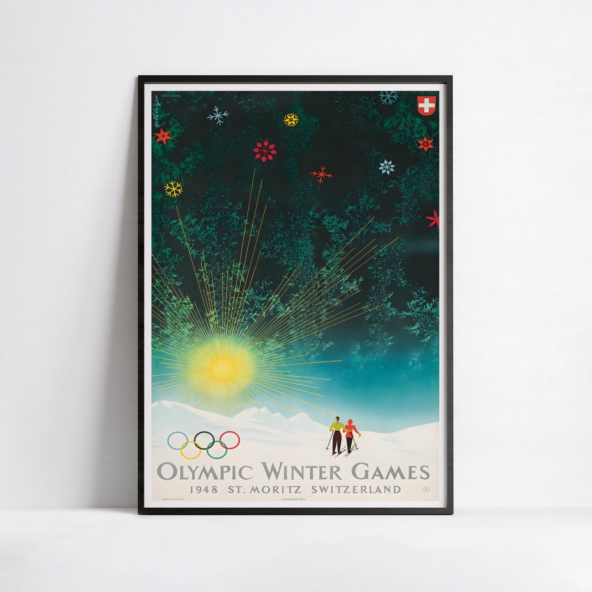 Affiche ski vintage "Jeux Olympiques d'Hiver 1948 - St Moritz" - Haute Définition - papier mat 230gr/m² - Poster Vintage