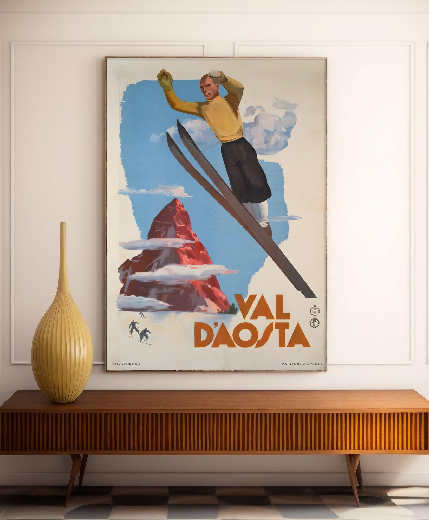 Affiche ski vintage "Val d'Aosta" - Italie - Haute Définition - papier mat 230gr/m² - Poster Vintage