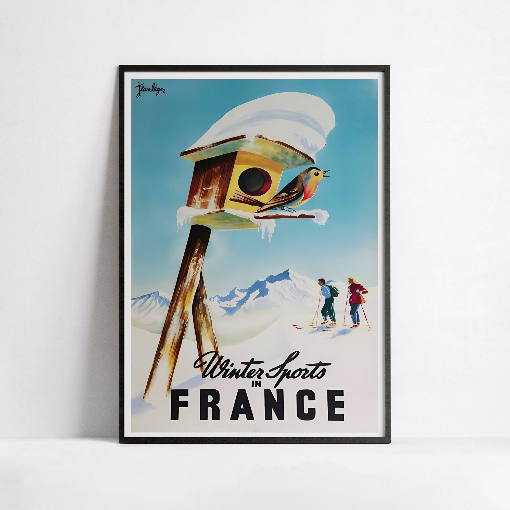 Affiche ski vintage "Wintersports in France" - Haute Définition - papier mat 230gr/m² - Poster Vintage