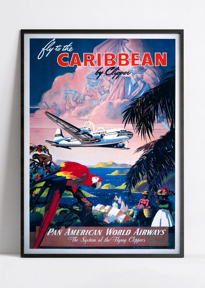 Affiche aviation  vintage "Fly to the Caribbean" - PANAM - Haute Définition - papier mat 230gr/m2